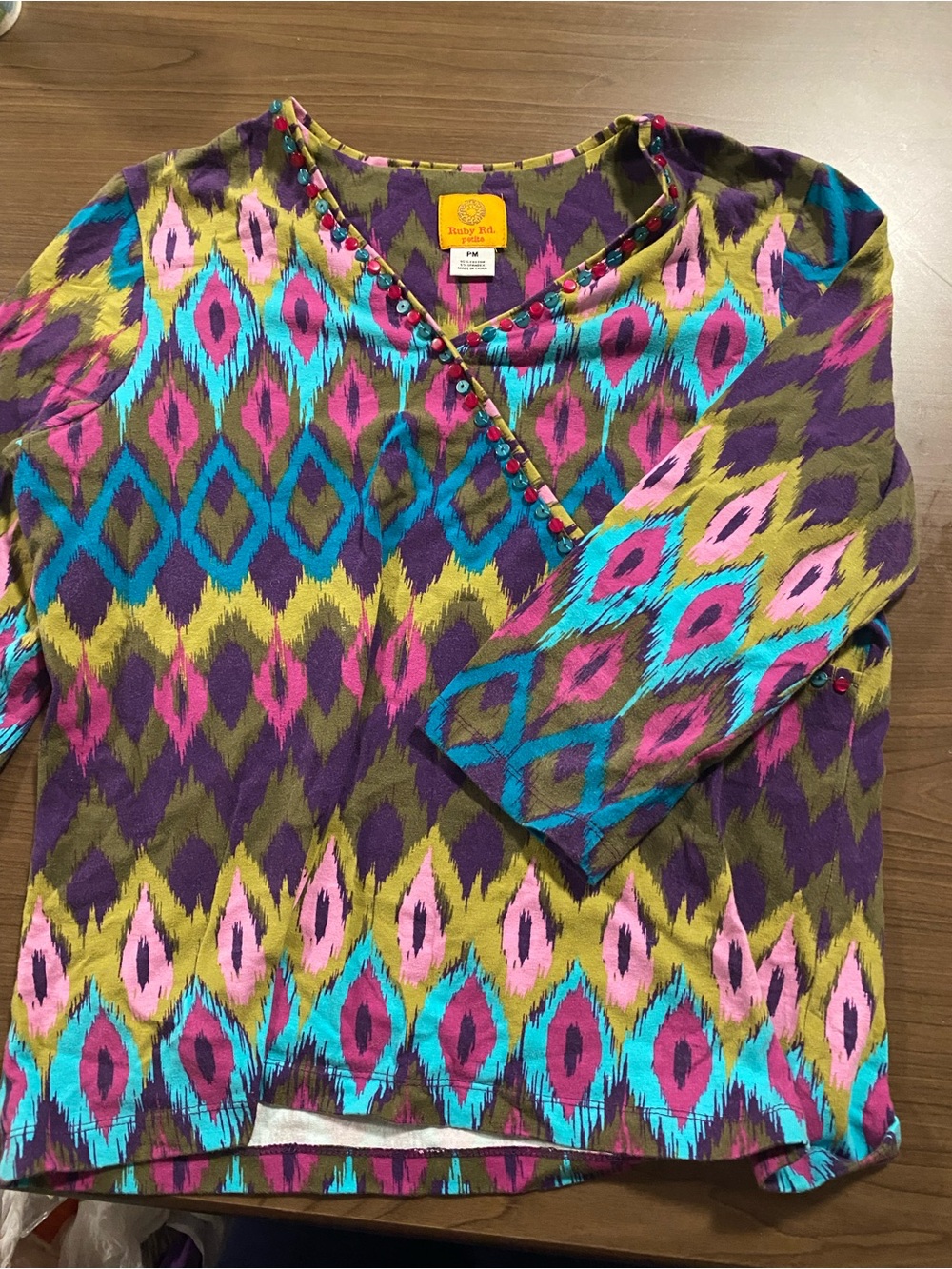 Ruby Rd. Multicolor Ikat-Print V-Neck Tunic - Pink, Teal, Purple, Olive